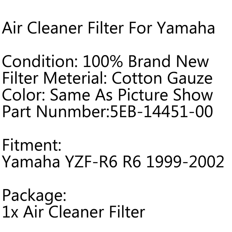 Elemento de limpeza do filtro de ar 5EB-14451-00 para Yamaha YZF-R6 R6 1999-2002 2001 Genérico