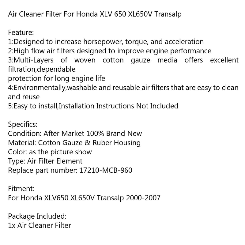 Høystrøms luftfilter for Honda XLV 650 XL650V Transalp 2000-2007 Generisk