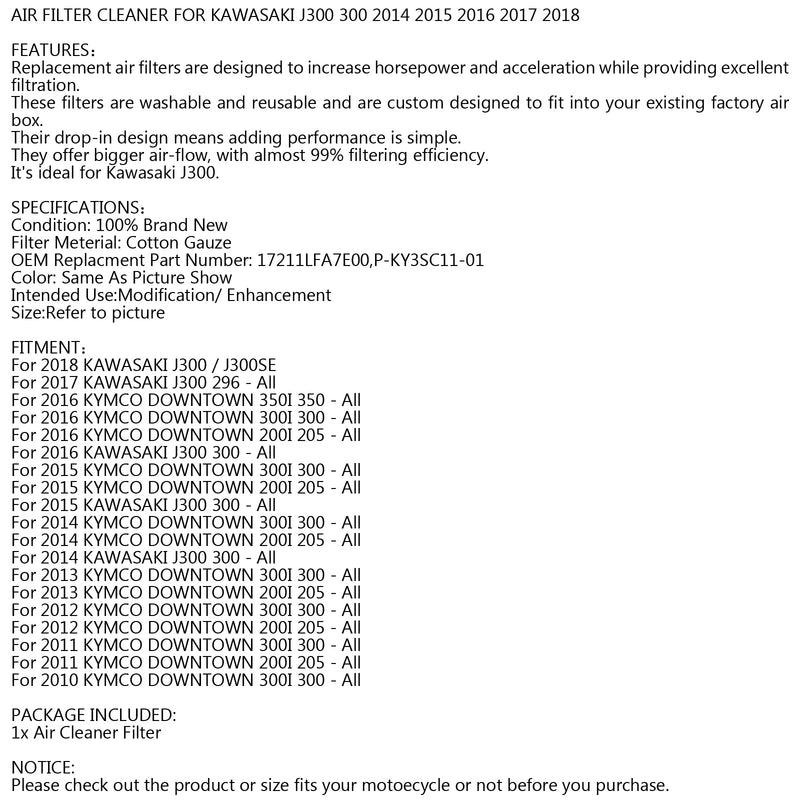 Ilmansuodatin malleihin Kawasaki J300 / J300SE 300 2014 2015 2016 2017 2018 yleinen