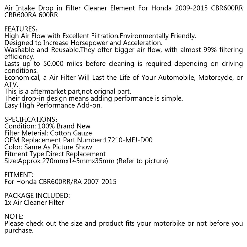 Limpiador de filtro de entrada de aire para Honda CBR600RR/RA 2007-2015 17210-MFJ-D00 genérico