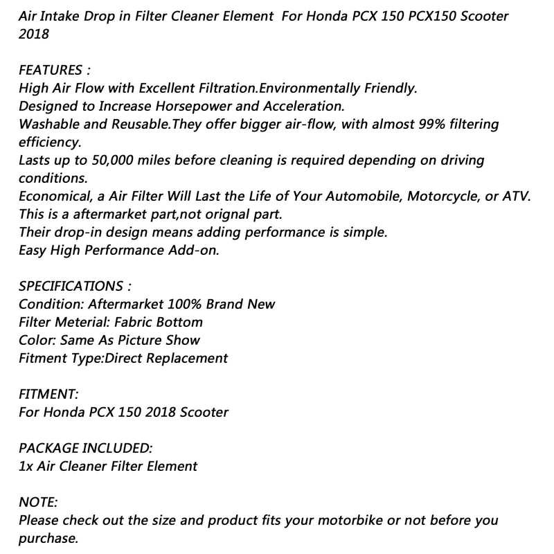 Luftintag Drop-in Filter Rengöringselement för Honda PCX 150 PCX150 Scooter 2018 Generic