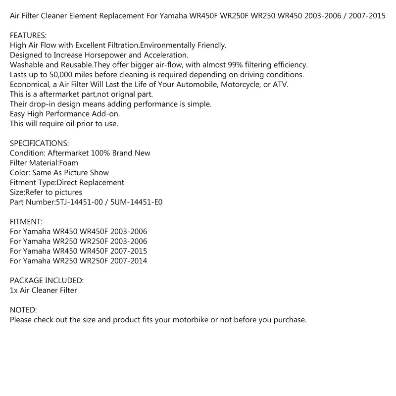 Schaumstoff-Luftfilterreiniger für Yamaha WR450 WR450F WR250 WR250F 2003-2006/2007-2015 Generisch