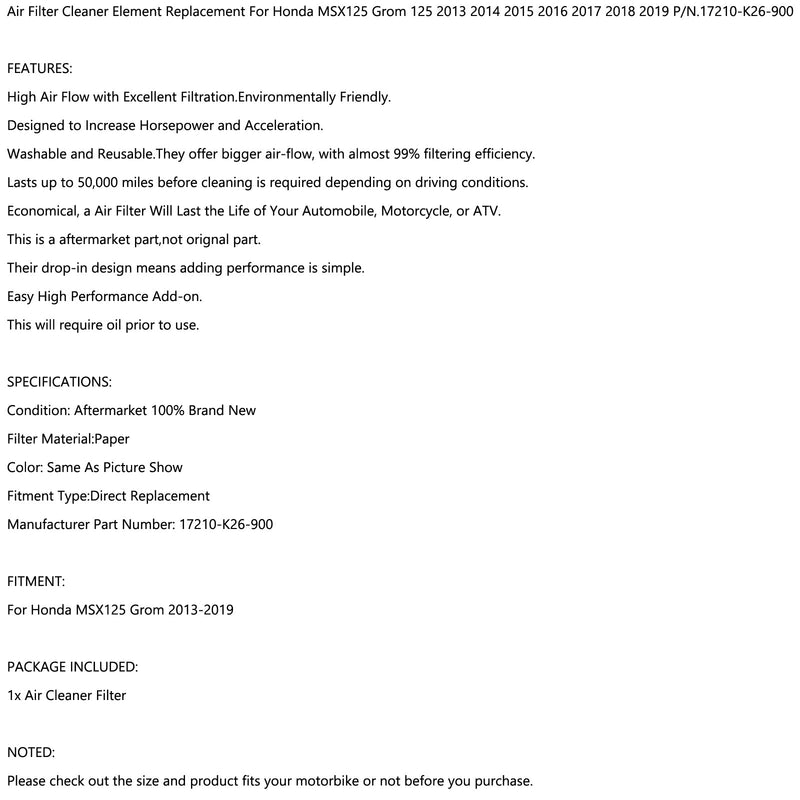Luftfilter-Reinigungselement für Honda MSX125 Grom 125 2013-2019 P/N.17210-K26-900 Generic