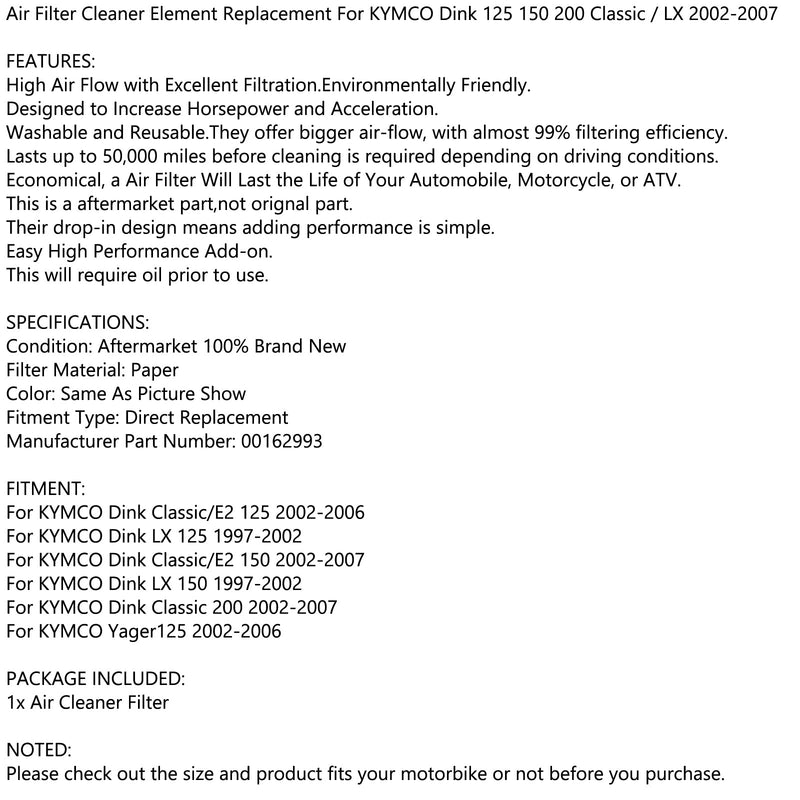 Elemento purificador de ar para KYMCO DINK CLASSIC 125 150 200 LX 2002-2007 P/N.00162993 Genérico