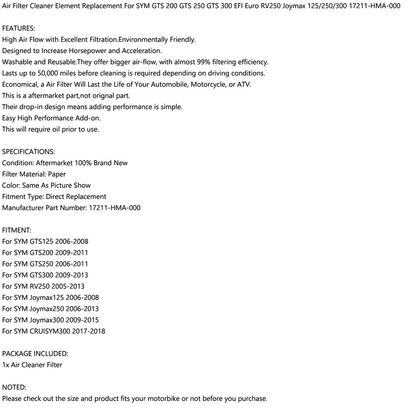 Ilmansuodatin mallille SYM GTS 200 GTS 250 GTS 300 EFI Euro RV250 Joymax 17211-HMA-000 Generic