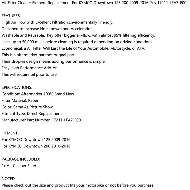 Luftfilterelement för Kymco Downtown 125 200 09-16 utbyte 17211-LFA7-E00