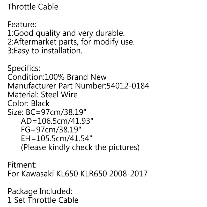 54012-0184 Czarny przewód przepustnicy dla Kawasaki KL 650 KLR 650 2008-2017 Generic