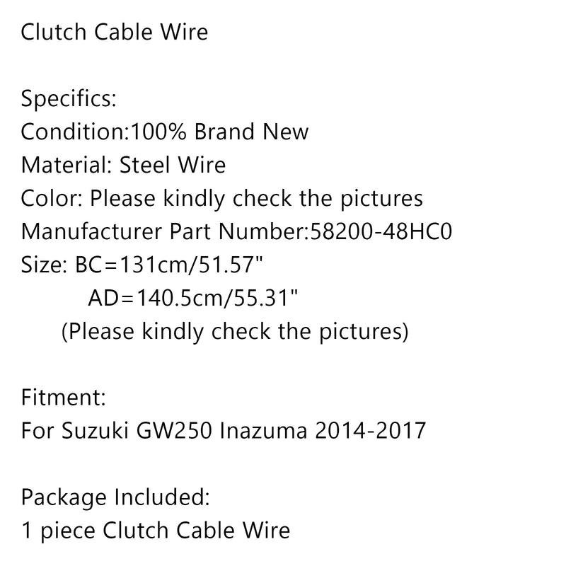 Motorsykkel clutchkabel stålwire 58200-48HC0 for Suzuki GW250 Inazuma 2014-17 Generisk