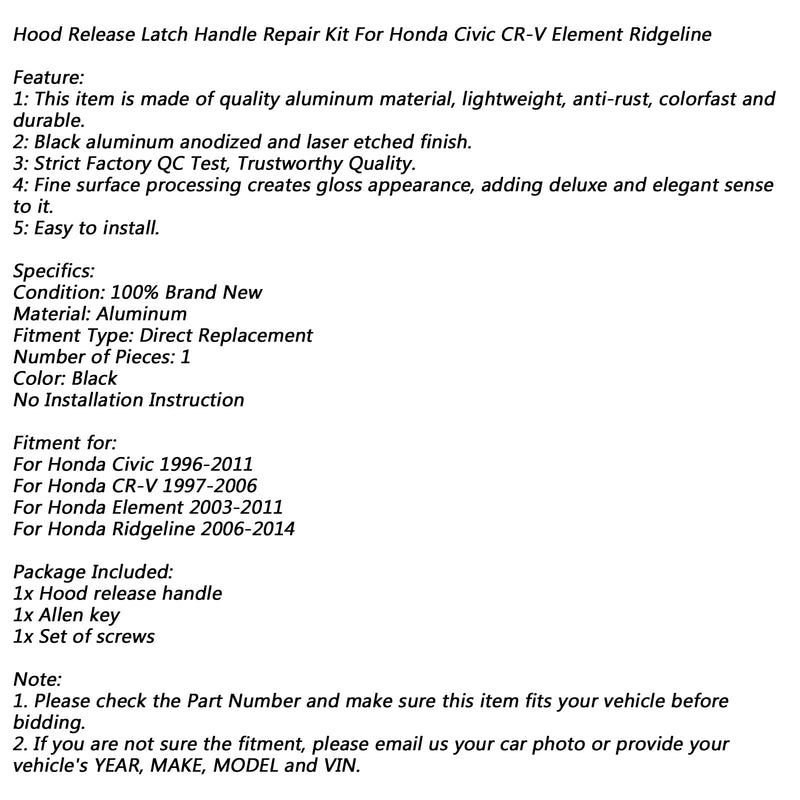 Reparasjonssett for hetteutløserhåndtak for Honda Civic CR-V Element Ridgeline Generic