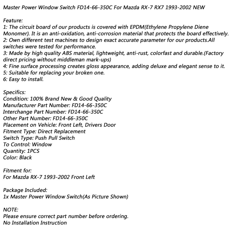 Master Power Autofensterschalter FD14-66-350C für Mazda RX-7 RX7 1993-2002 NEU generisch