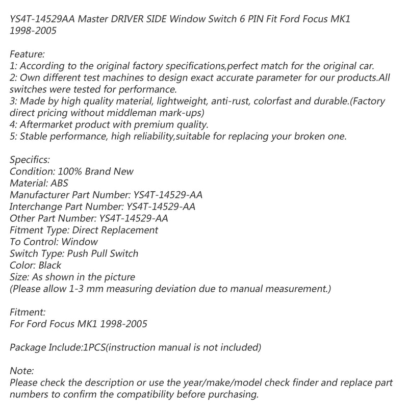Master FAHRERSEITE Fensterschalter 6 PIN YS4T-14529AA Für Ford Focus MK1 98-05 Generic