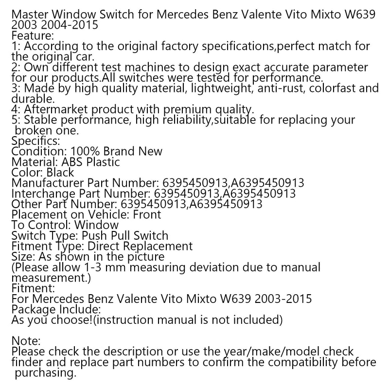 Hauptfensterschalter für Mercedes Benz Valente Vito Mixto W639 2003 2004–2015 Generic