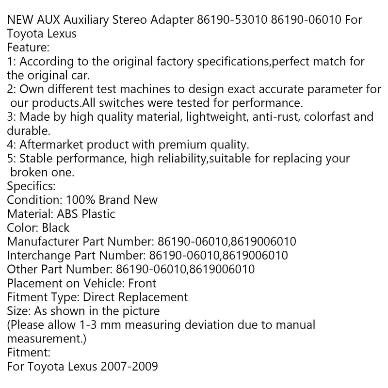 NY AUX extra stereoadapter 86190-53010 86190-06010 för Toyota Lexus Generic