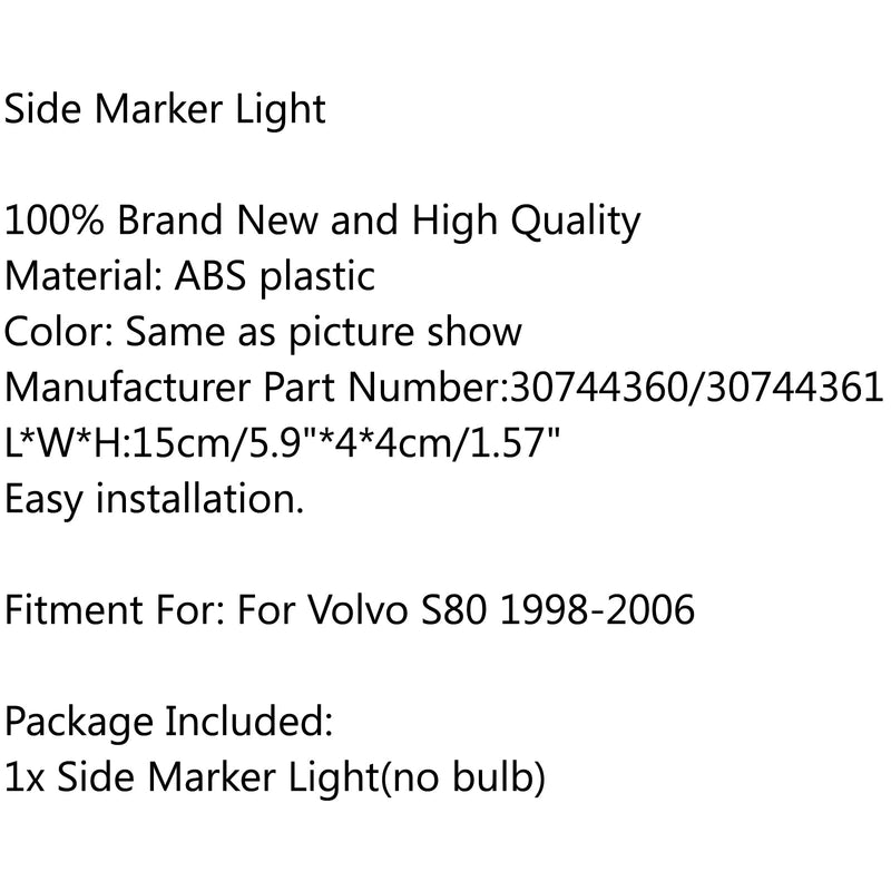 Luz indicadora de direção do pára-choque dianteiro esquerda/direita para Volvo S80 1998-2006 genérico