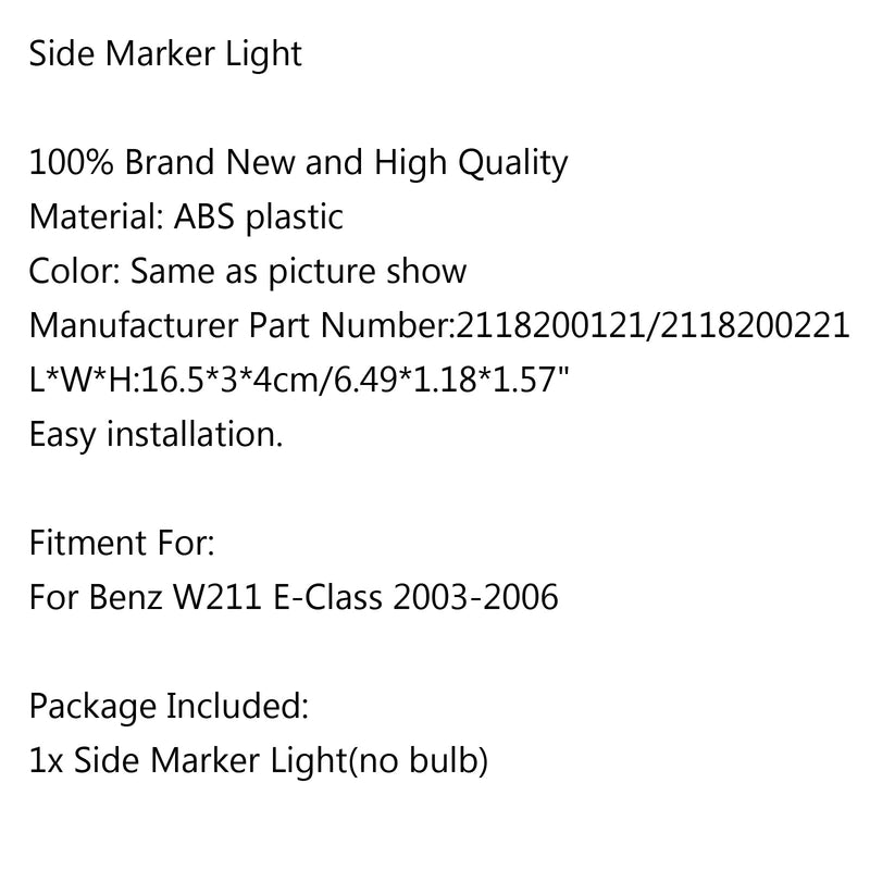 För Benz W211 E-klass 2003-2006 sidomarkeringsljus i stötfångarens indikatorlampa generisk