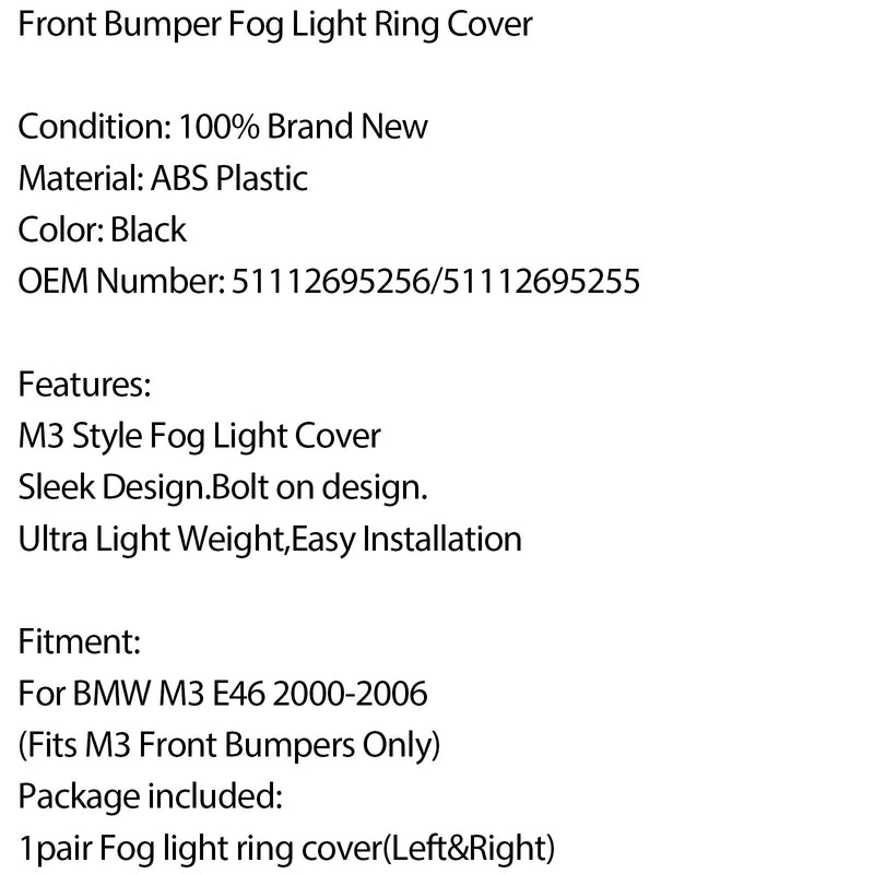 Capa de anel de luz de neblina do pára-choque dianteiro esquerdo e direito para BMW M3 E46 2000-2006 2003 genérico