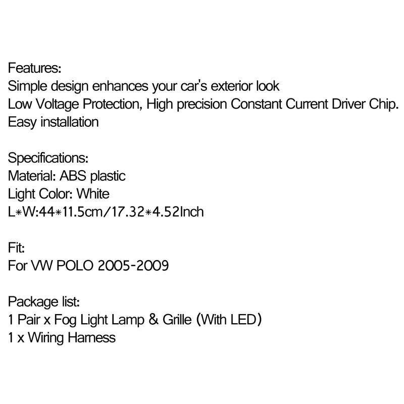 PAR de grades de farol de neblina LED + kit de chicote de fiação para VW POLO 2005-2009 genérico