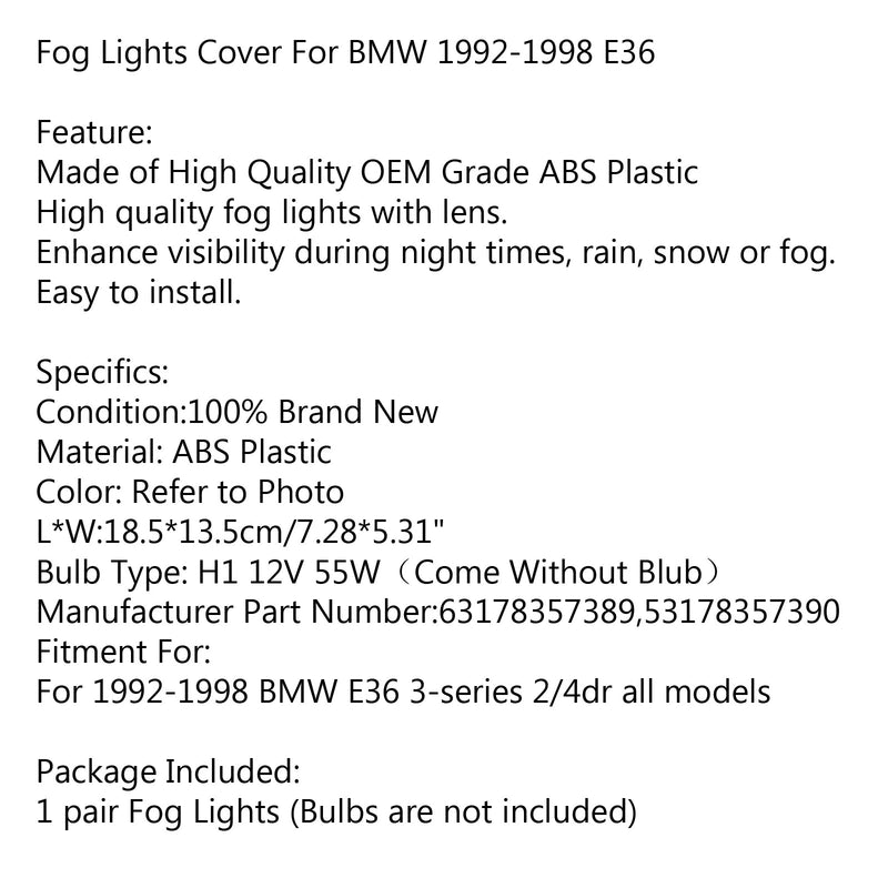 BMW 1992-1998 E36 3 Seria 2/4D Zamienne lampy przeciwmgielne Szkło kryształowe R&L