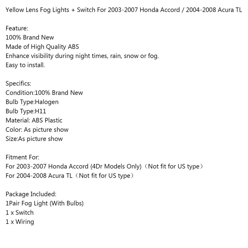 Luz antiniebla de lente amarilla + interruptor para Honda Accord 2003-2007/Acura TL genérico 2004-2008
