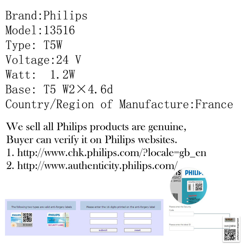 10 Stück Original Philips 13516 24 V T5 W1.2W W2?隆搂隆茅4.6d Standard-Signallampenbirne generisch