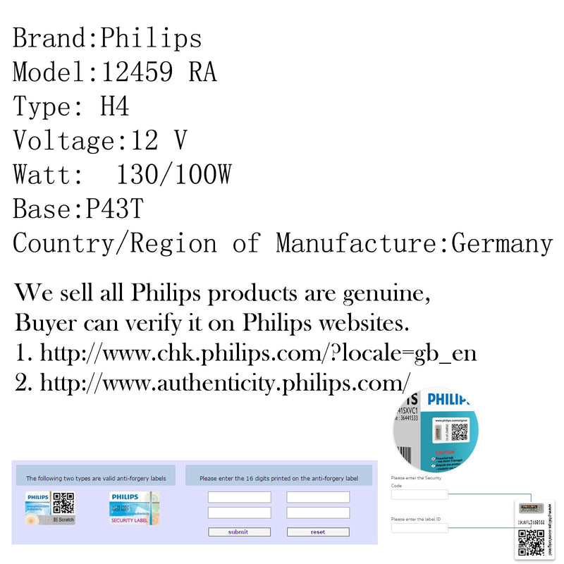 Original Philips 12459 RA H4 12V 130/100W P43T 3200K Für Autoscheinwerfer Scheinwerfer Generisch