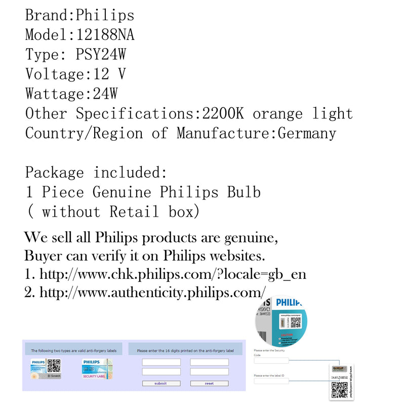 Philips Padrão 12188NA PSY24W Âmbar 24W Lâmpada simples Halogênio DRL Faróis de neblina Genéricos