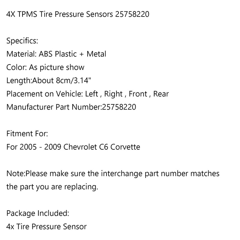 4 Uds TPMS reemplazar 25758220 Sensor de presión de neumáticos de coche para C6 Corvette 2005-2009 genérico