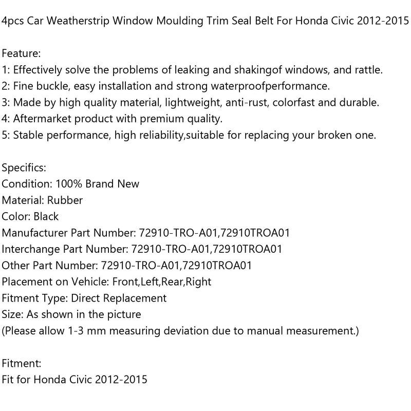 2012-2015 Honda Civic 4 peças Faixa de vedação para carro moldagem de janela Faixa de vedação genérica