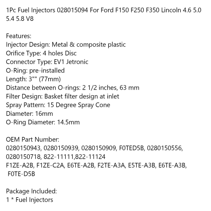 Inyector de combustible de 1 pieza 028015094 para Ford F150 F250 F350 Lincoln 4,6 5,0 5,4 5,8 V8 genérico