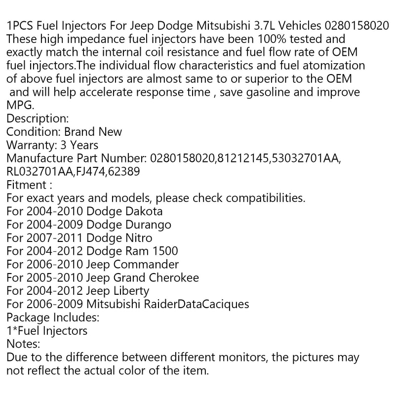 1 Uds inyectores de combustible para vehículos Mitsubishi 3.7L 0280158020 