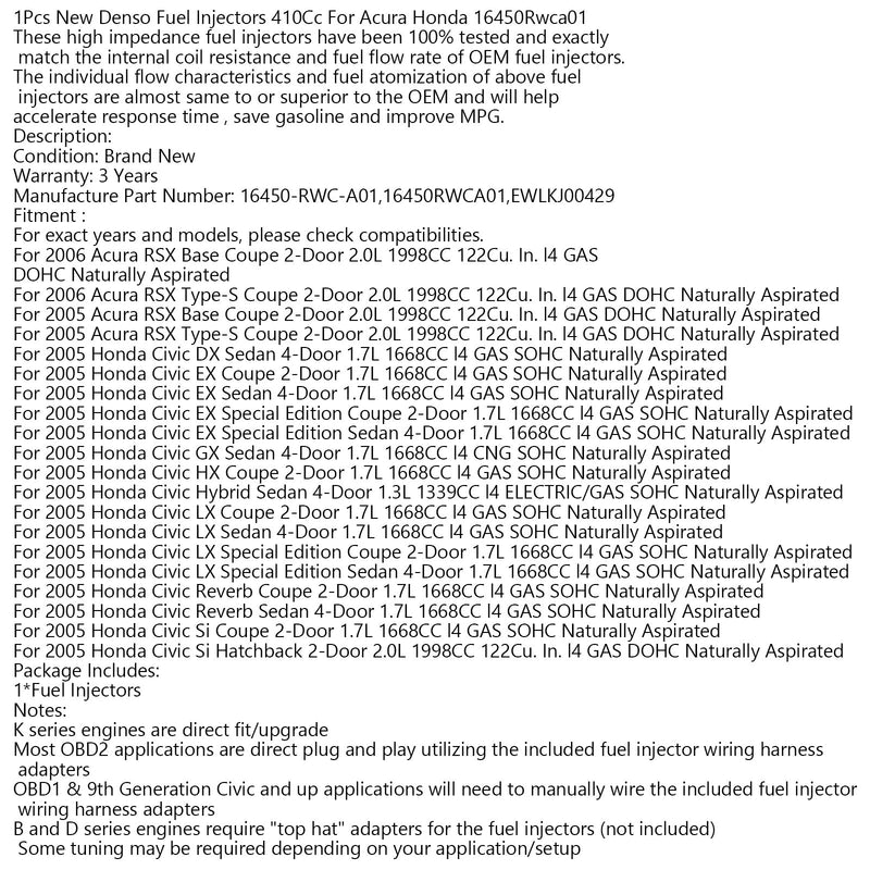 1 stk nye Denso drivstoffinjektorer 410cc for Acura Honda 16450Rwca01 Generisk