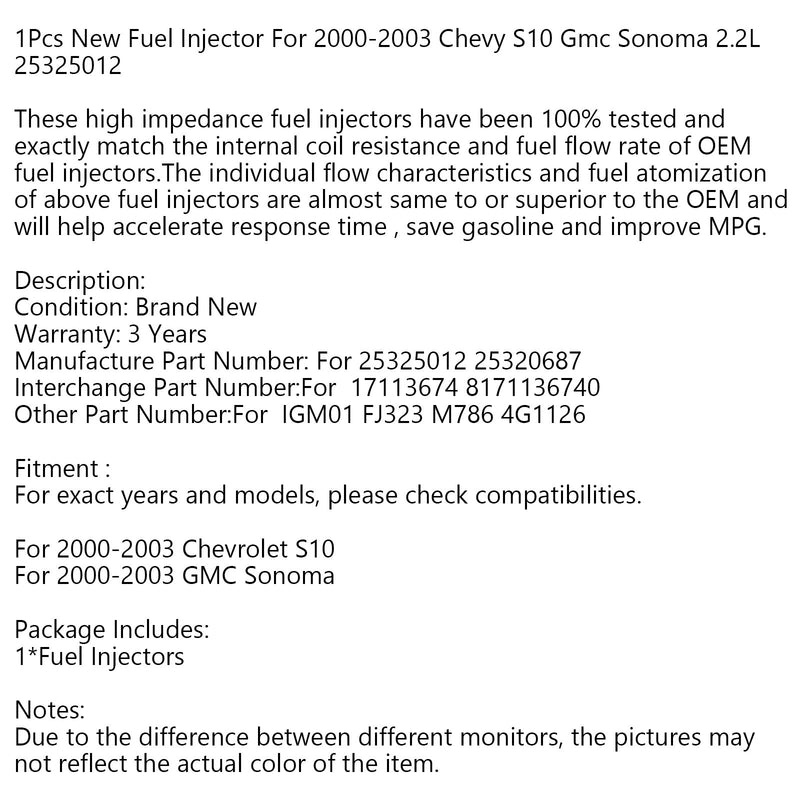 1 inyector de combustible nuevo para Chevy S10 Gmc Sonoma 2000-2003 2.2L 25325012 genérico.