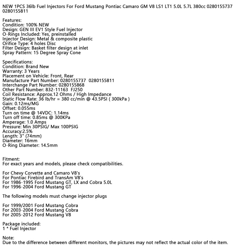 1 PCS NOVO 36lb Injetores de Combustível Para Ford GM LS1 LT1 5.0L 5.7L 380cc 0280155737 Genérico