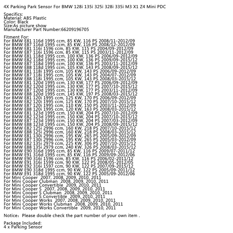 4 STÜCKE Parksensor Für BMW 128i 135i 325i 328i 335i M3 X1 Z4 Mini PDC Generic
