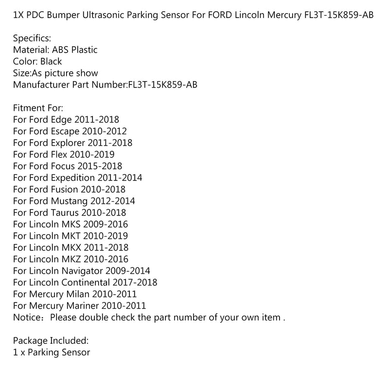 1 x PDC støtfanger ultralyd parkeringssensor for FORD Lincoln Mercury FL3T-15K859-AB Generisk