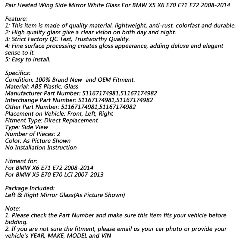 Paar beheizbare Außenspiegel weißes Glas für BMW X5 X6 E70 E71 E72 2008-2014 Generic