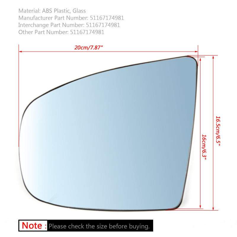 Par oppvarmede sidespeil blått glass for BMW X5 X6 E70 E71 E72 2008-2014 Generisk