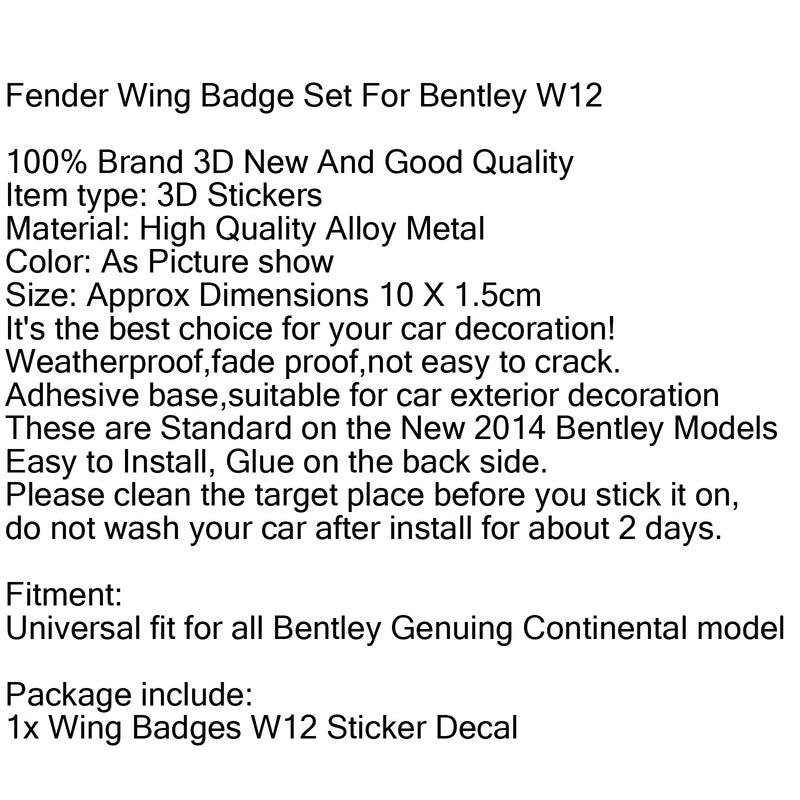 Etiqueta engomada de la insignia del emblema del ala de Metal W12 para Bentley Genuing Continental GT GTC