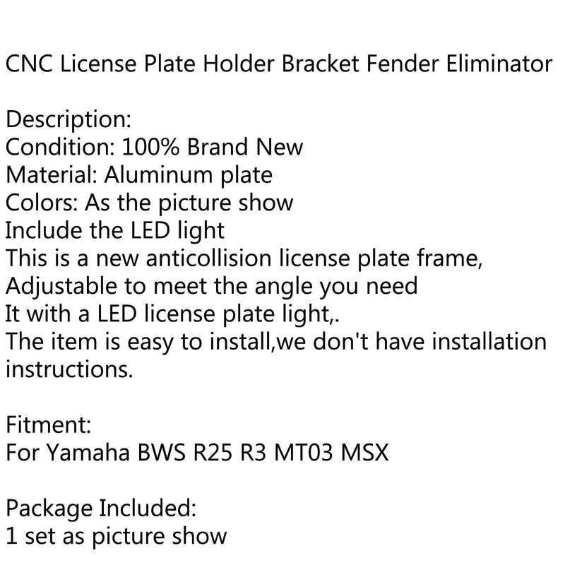 CNC Nummernschildhalter Halterung Fender Eliminator für Yamaha BWS R25 R3 MSX Generic