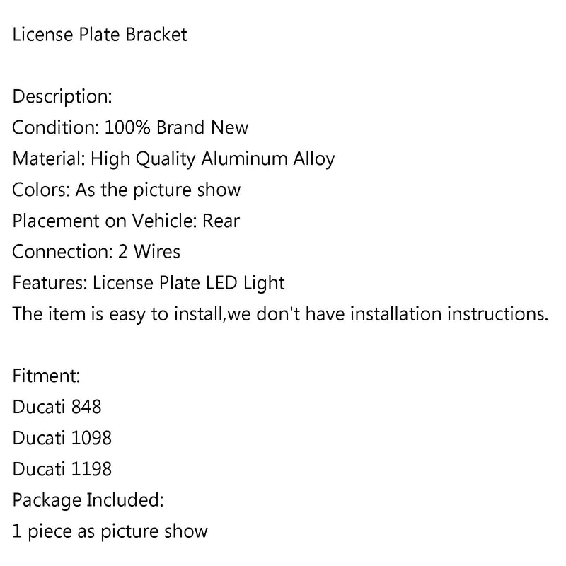 Blk Aluminiumlegierung Motorrad Kennzeichenhalter Halterung für Ducati 848/1098 Generic
