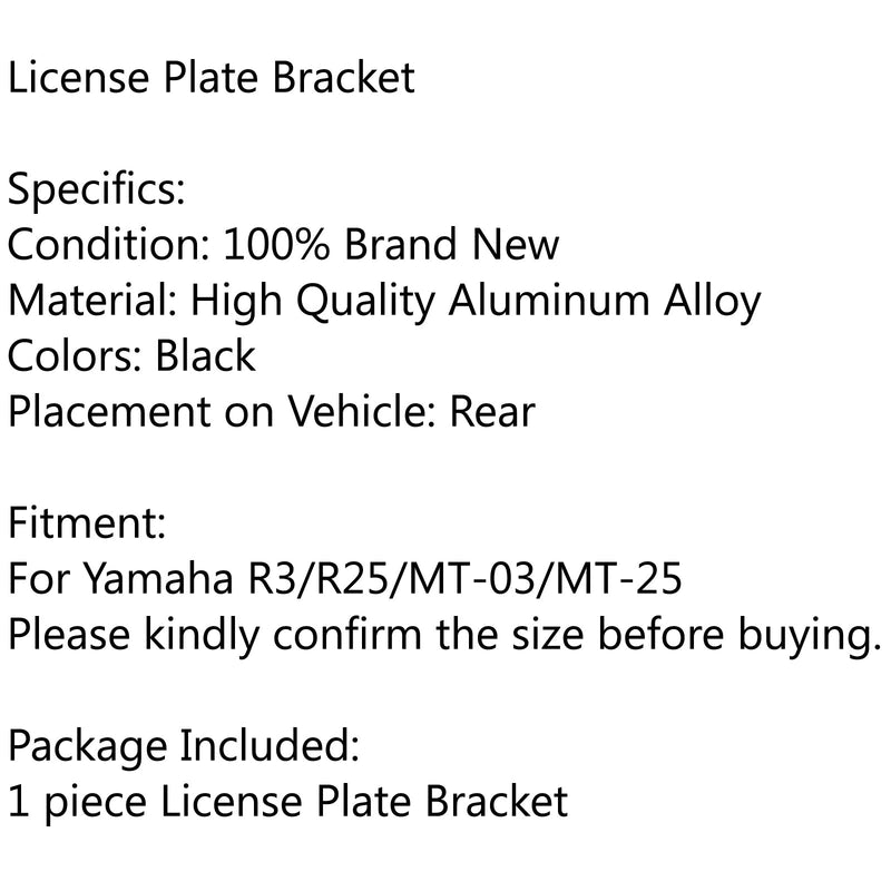 Moottoripyörän alumiininen musta rekisterikilven pidike Yamaha R3/R25/MT-03/MT-25 Genericille