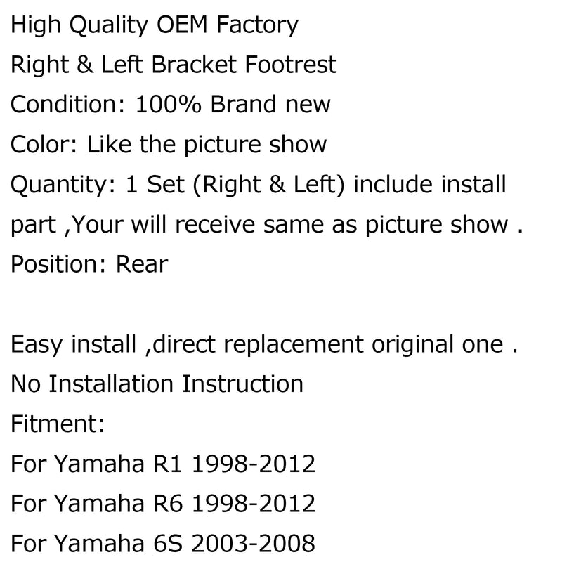 Estriberas traseras negras de aluminio para pasajero para Yamaha R1 R6 99-12 R6S genérico