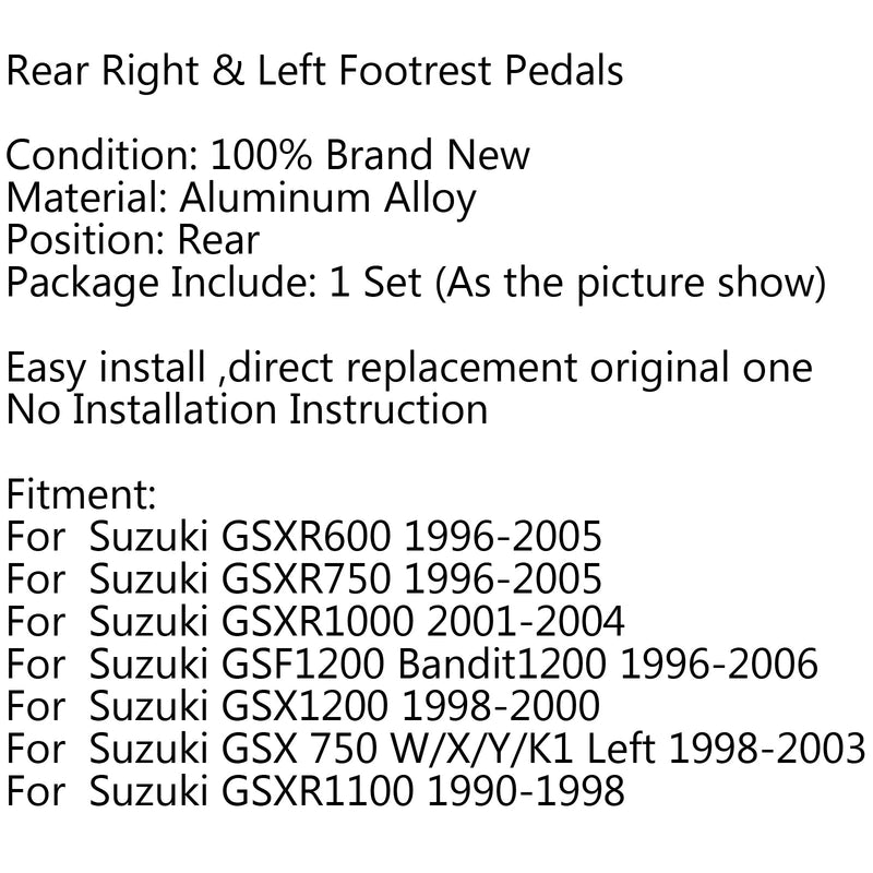 F/R Fotstøttepedaler Fotpinner for Suzuki GSXR600 GSX-R GSX 750 1000 GSF600 Generisk