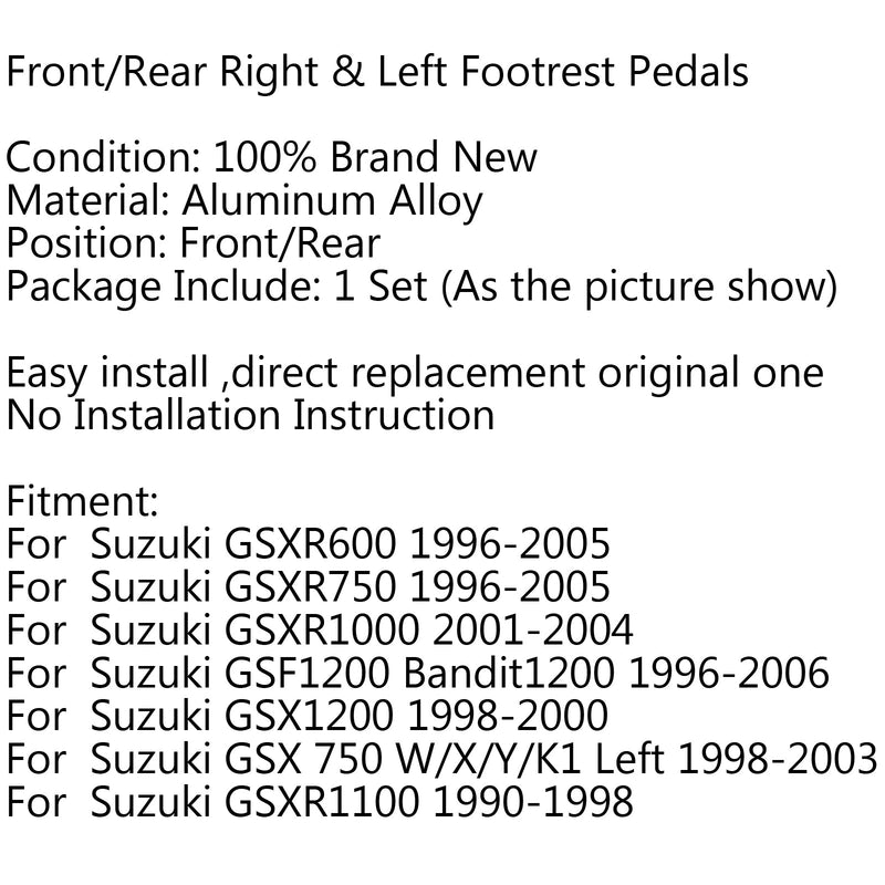F/R Fotstøttepedaler Fotpinner for Suzuki GSXR600 GSX-R GSX 750 1000 GSF600 Generisk