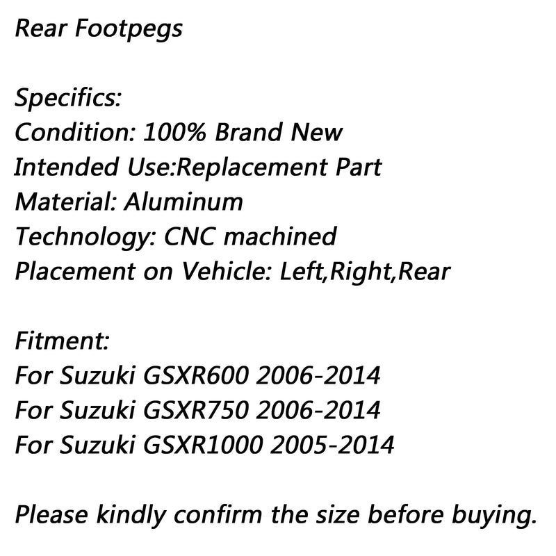 Bakre fotstöd Fotstöd till Suzuki GSXR600 GSXR750 06-14 GSXR1000 2005-14 Svart