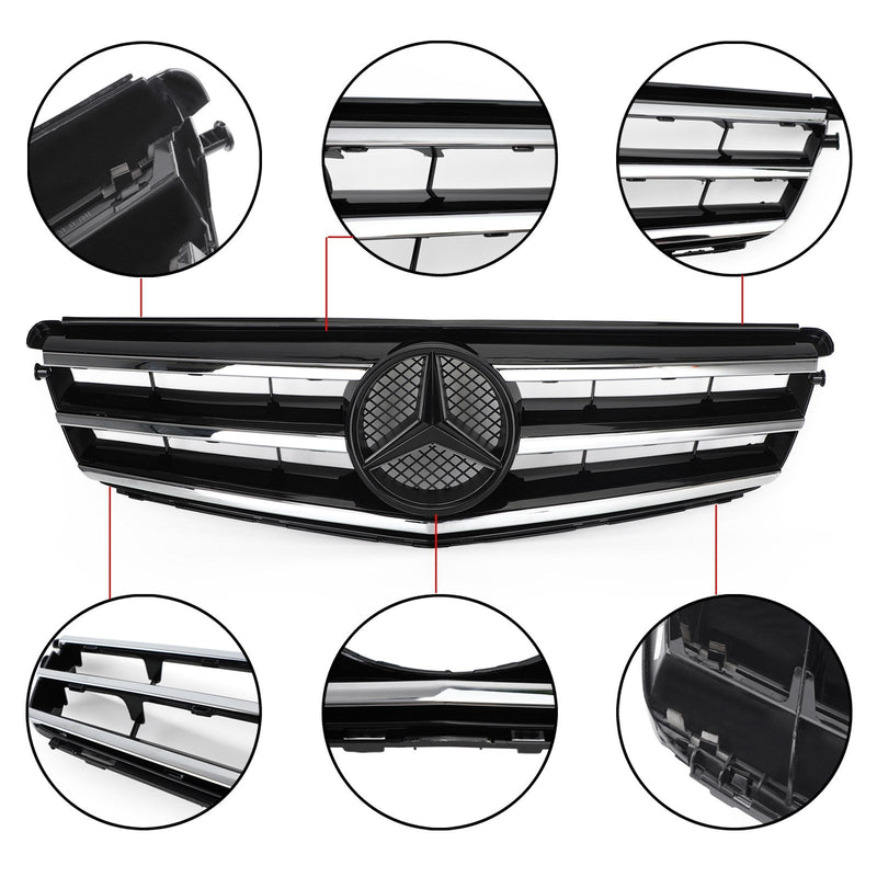 Svart krom LED frontgrill för Benz C Class W204 C300 C350 2008-2014 Generic