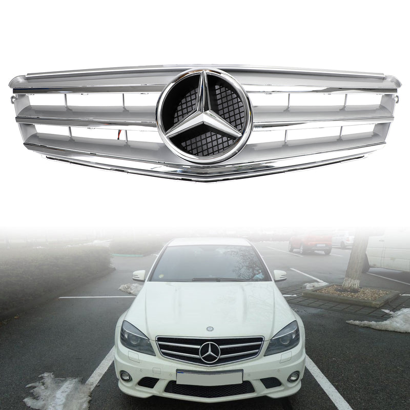 Främre stötfångargaller lämplig för Benz C-klass W204 med LED-emblem C300/C350 2008-2014 krom generisk