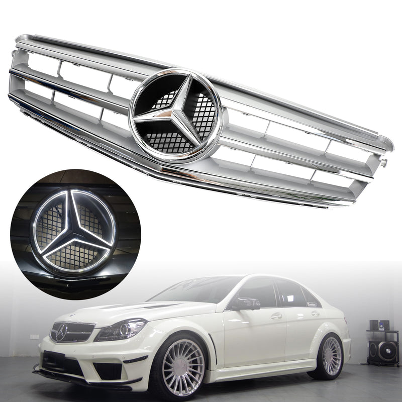 Främre stötfångargaller lämplig för Benz C-klass W204 med LED-emblem C300/C350 2008-2014 krom generisk