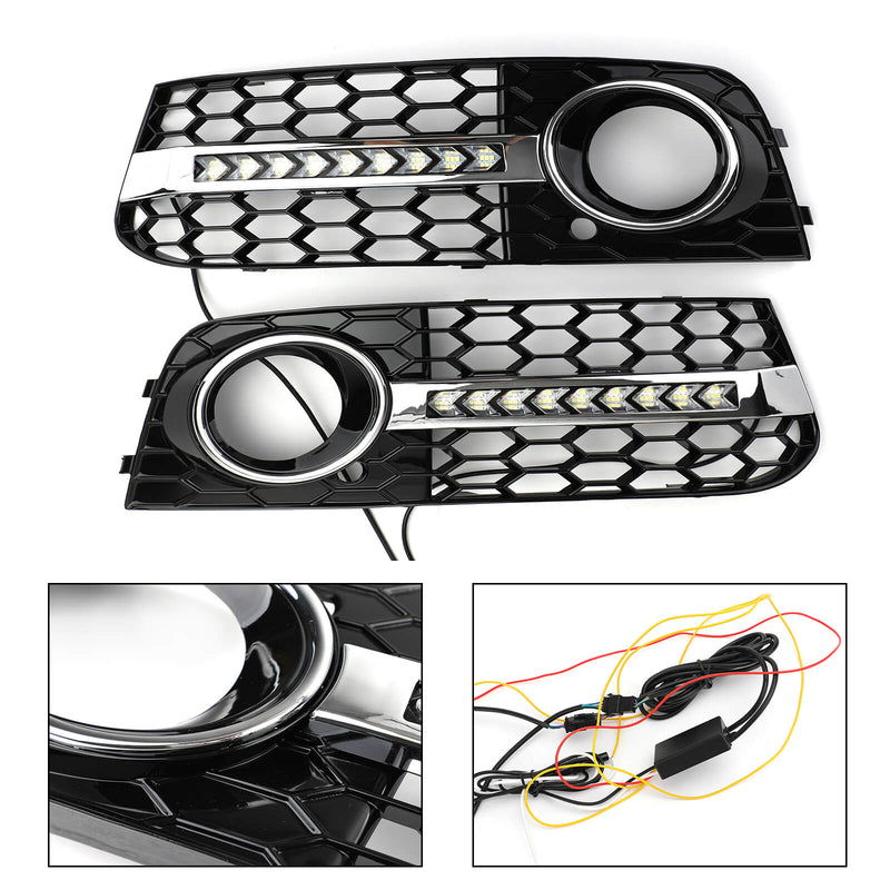 Flödande LED Honeycomb Grill Dimljus Blinkers DRL för Audi A4 B8 09-11 Generic