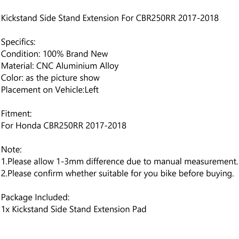 1x kickstand sidostöd förlängningsdyna för Honda CBR250RR 2017-2018 Generic